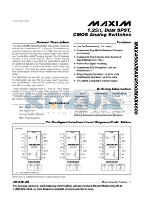 MAX4580CAE datasheet - 1.25Y, Dual SPST, CMOS Analog Switches