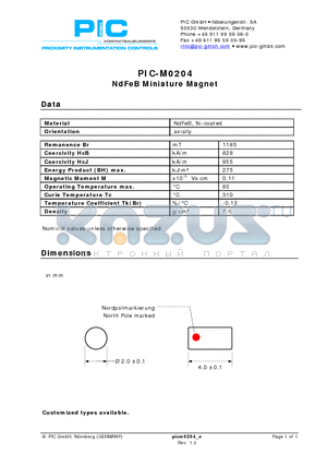 PIC-M0204 datasheet - NdFeB Miniature Magnet