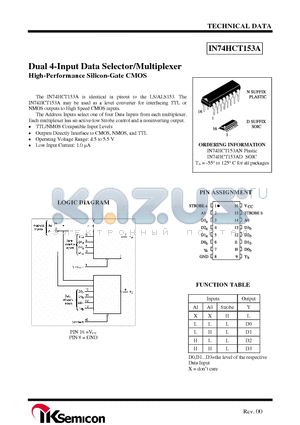 IN74HCT153AN datasheet - Dual 4-Input Data Selector/Multiplexer High-Performance Silicon-Gate CMOS