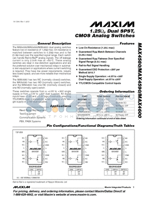 MAX4580EAE datasheet - 1.25Y, Dual SPST, CMOS Analog Switches