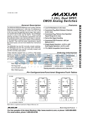 MAX4580EPE datasheet - 1.25, Dual SPST, CMOS Analog Switches