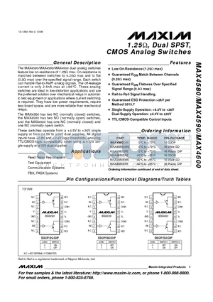 MAX4580-MAX4600 datasheet - 1.25, Dual SPST, CMOS Analog Switches