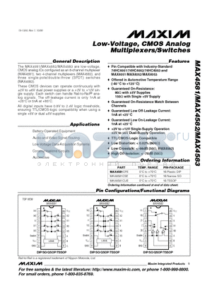 MAX4581CEE datasheet - Low-Voltage, CMOS Analog Multiplexers/Switches