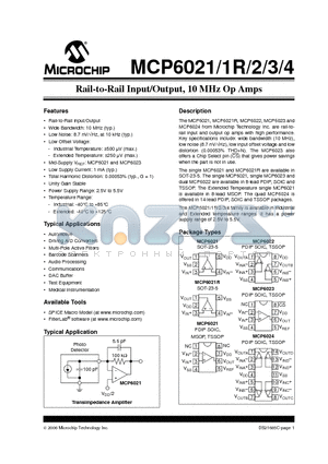 MCP6021T-E/SN datasheet - Rail-to-Rail Input/Output, 10 MHz Op Amps