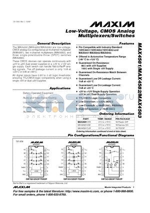 MAX4581EPE datasheet - Low-Voltage, CMOS Analog Multiplexers/Switches