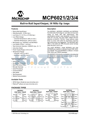 MCP6021T-I/ST datasheet - Rail-to-Rail Input/Output, 10 MHz Op Amps