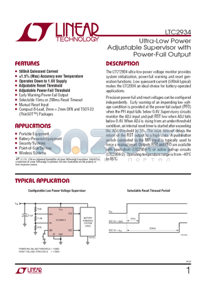 LTC2934CDC-1-TRMPBF datasheet - Ultra-Low Power Adjustable Supervisor with Power-Fail Output