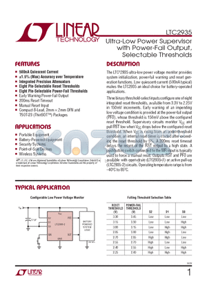 LTC2935CTS8-1-TRPBF datasheet - Ultra-Low Power Supervisor with Power-Fail Output, Selectable Thresholds