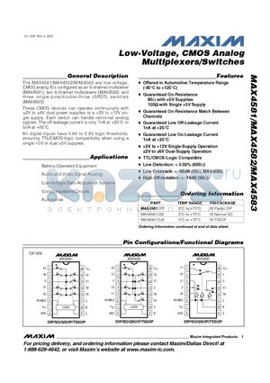 MAX4582EEE datasheet - Low-Voltage, CMOS Analog Multiplexers/Switches