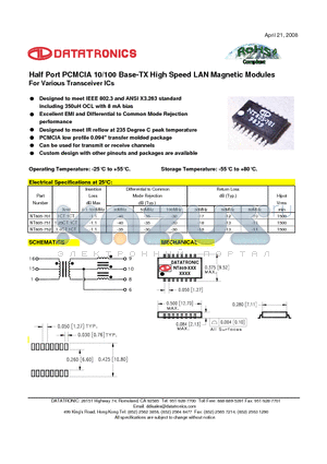 NT805-701 datasheet - Half Port PCMCIA 10/100 Base-TX High Speed LAN Magnetic Modules