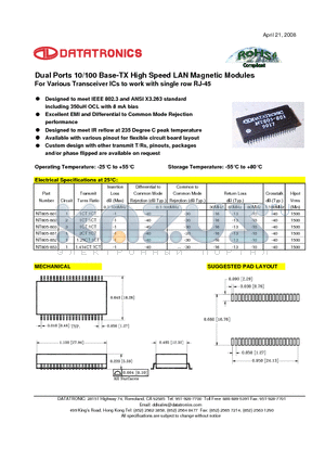 NT805-852 datasheet - Dual Ports 10/100 Base-TX High Speed LAN Magnetic Modules