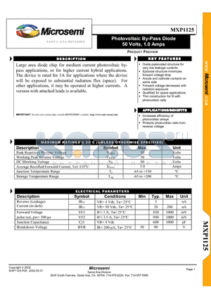 MXP1125 datasheet - Photovoltaic By-Pass Diode 50 Volts, 1.0 Amps