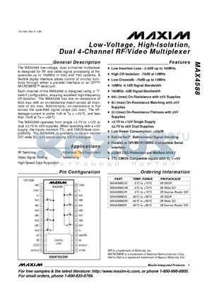 MAX4588EPI datasheet - Low-Voltage, High-Isolation, Dual 4-Channel RF/Video Multiplexer