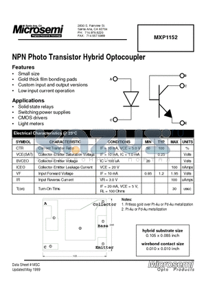 MXP1152 datasheet - NPN Photo Transistor Hybrid Optocoupler