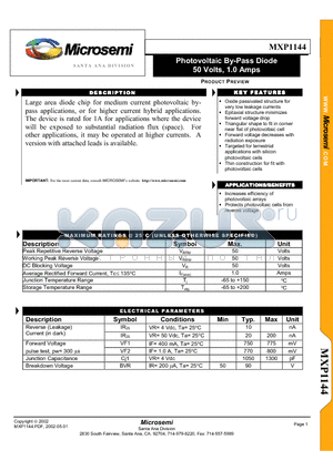 MXP1144 datasheet - Photovoltaic By-Pass Diode 50 Volts, 1.0 Amps