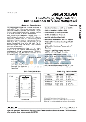 MAX4589CPP datasheet - Low-Voltage, High-Isolation, Dual 2-Channel RF/Video Multiplexer