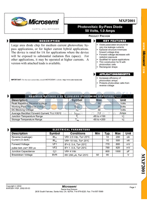 MXP2001 datasheet - Photovoltaic By-Pass Diode 50 Volts, 1.0 Amps