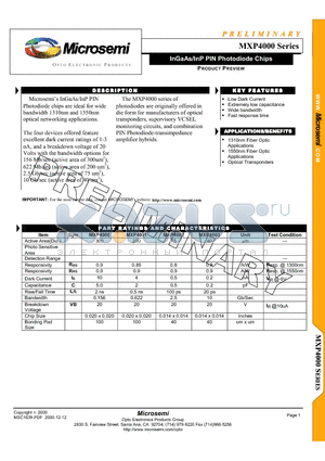 MXP4002 datasheet - InGaAs/InP PIN Photodiode Chips