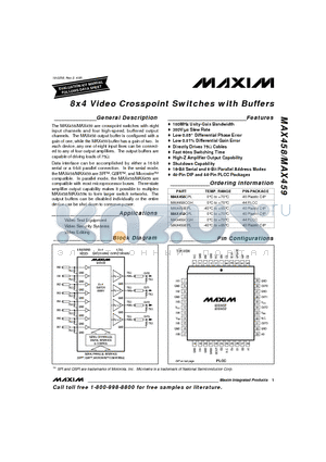 MAX459CPL datasheet - 8x4 Video Crosspoint Switches with Buffers