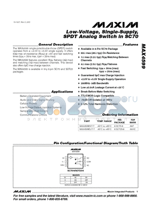 MAX4599EUT-T datasheet - Low-Voltage, Single-Supply, SPDT Analog Switch in SC70