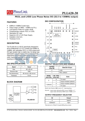 P620-30DC datasheet - PECL and LVDS Low Phase Noise XO (32.5 to 130MHz output)