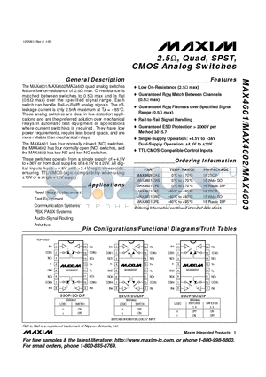 MAX4602CAE datasheet - 2.5, Quad, SPST, CMOS Analog Switches