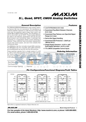 MAX4604-MAX4606 datasheet - 5ohm, Quad, SPST, CMOS Analog Switches