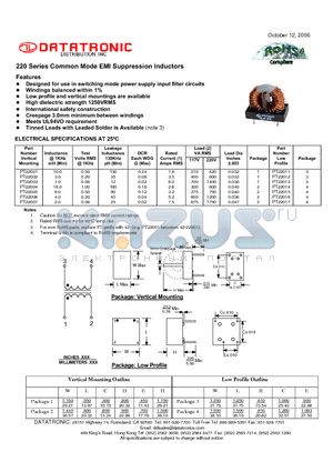PT22002 datasheet - Common Mode EMI Suppression Inductors