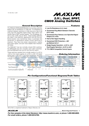 MAX4607EPE datasheet - 2.5, Dual, SPST, CMOS Analog Switches