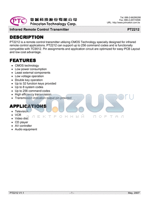 PT2212 datasheet - Infrared Remote Control Transmitter