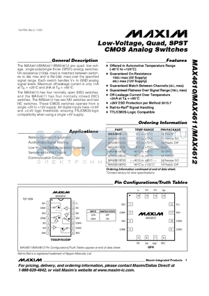 MAX4610EPD datasheet - Low-Voltage, Quad, SPST CMOS Analog Switches