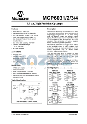 MCP6031T-E/SN datasheet - 0.9 lA, High Precision Op Amps