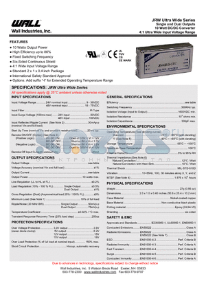JRW24D12-420 datasheet - Single and Dual Outputs 10 Watt DC/DC Converter 4:1 Ultra Wide Input Voltage Range