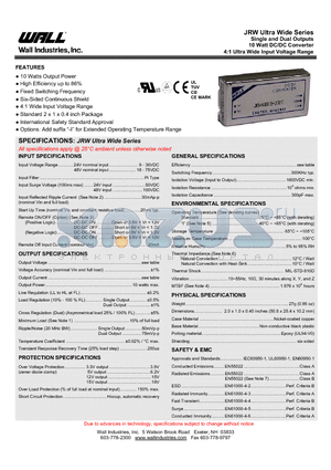 JRW48D12-420 datasheet - Single and Dual Outputs 10 Watt DC/DC Converter 4:1 Ultra Wide Input Voltage Range