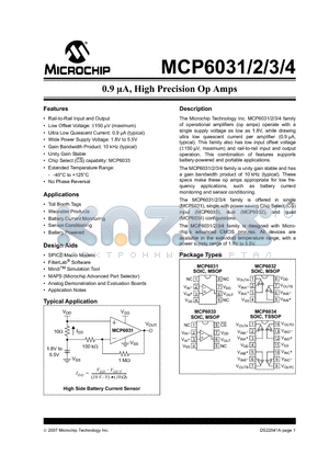 MCP6032TE/MS datasheet - 0.9 uA, High Precision Op Amps