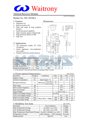 PIC1018SCL datasheet - INFRARED RECEIVER MODULE