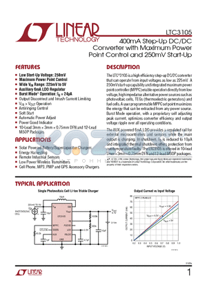 LTC3108 datasheet - 400mA Step-Up DC/DC Converter with Maximum Power Point Control and 250mV Start-Up