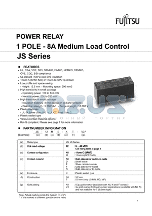JS-12D-K datasheet - POWER RELAY 1 POLE - 8A Medium Load Control