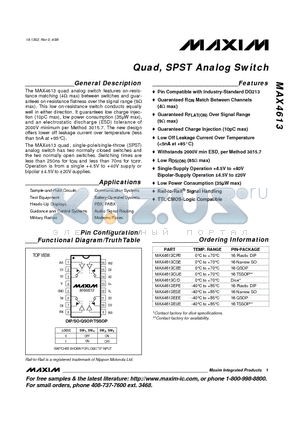 MAX4613 datasheet - Quad, SPST Analog Switch