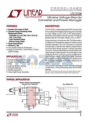 LTC3108IGNTRPBF datasheet - Ultralow Voltage Step-Up Converter and Power Manager