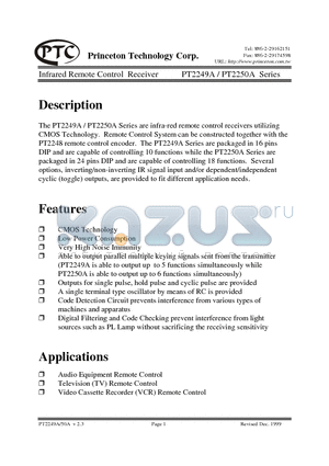 PT2249A datasheet - Infrared Remote Control Receiver