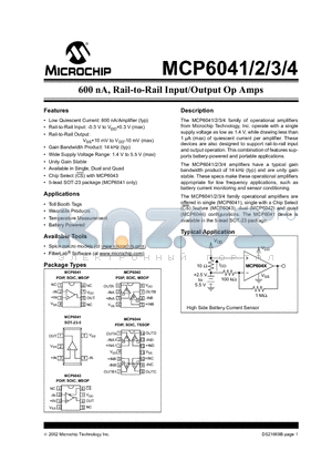 MCP6041T datasheet - 600 nA, Rail-to-Rail Input/Output Op Amps