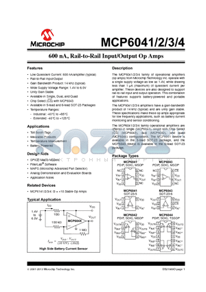 MCP6044 datasheet - 600 nA, Rail-to-Rail Input/Output Op Amps
