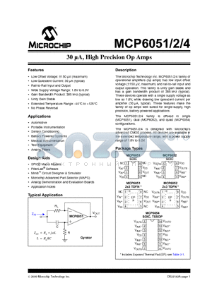 MCP6051 datasheet - 30 lA, High Precision Op Amps