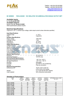 P6CU-0512E datasheet - P6CU-XXXXE 1KV ISOLATED 1W UNREGULATED SINGLE OUTPUT SIP7