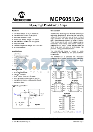 MCP6052T-E/SN datasheet - 30 lA, High Precision Op Amps