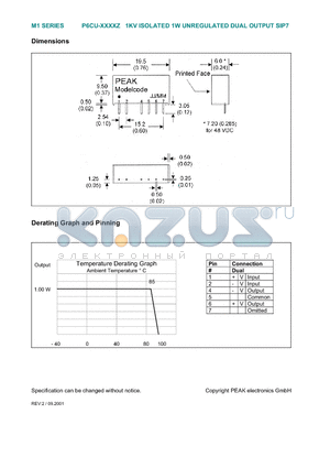 P6CU-2412Z datasheet - 1KV ISOLATED 1W UNREGULATED DUAL OUTPUT SIP7