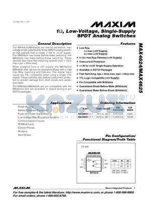 MAX4625 datasheet - 1, Low-Voltage, Single-Supply SPDT Analog Switches