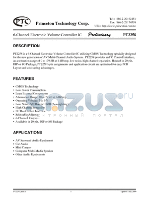PT2258-S datasheet - 6-Channel Electronic Volume Controller IC