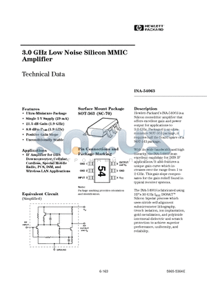 INA-54063 datasheet - 3.0 GHz Low Noise Silicon MMIC Amplifier